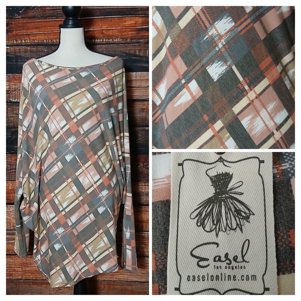 NWT Easel Tunic Top M Boho Oversized Dolman Windowpane Plaid Made In USA